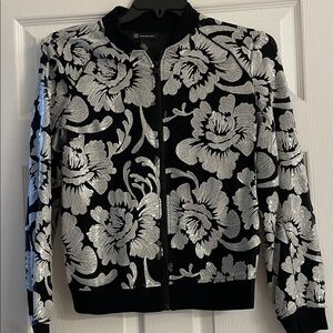 INC International Concepts Black and Silver Floral Bomber Jacket